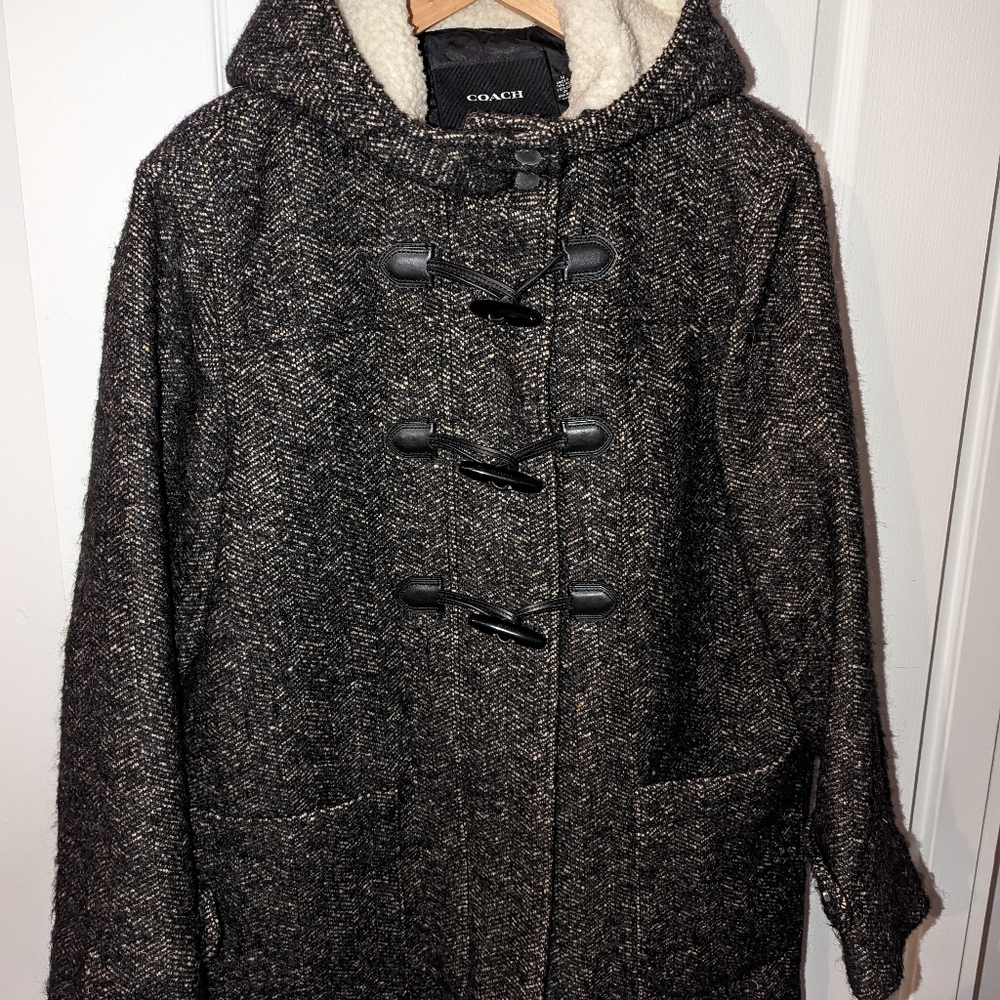 Coach wool duffle coat size medium, black, grey and white Tweed